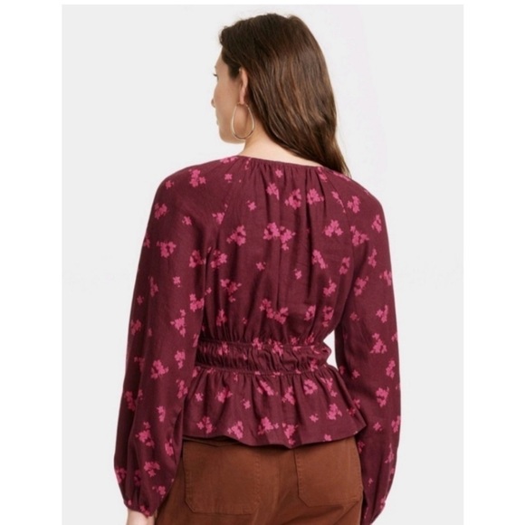 Universal Thread | Maroon Floral Puffed Long Sleeve Tie Front Blouse Size Medium - Picture 3 of 12